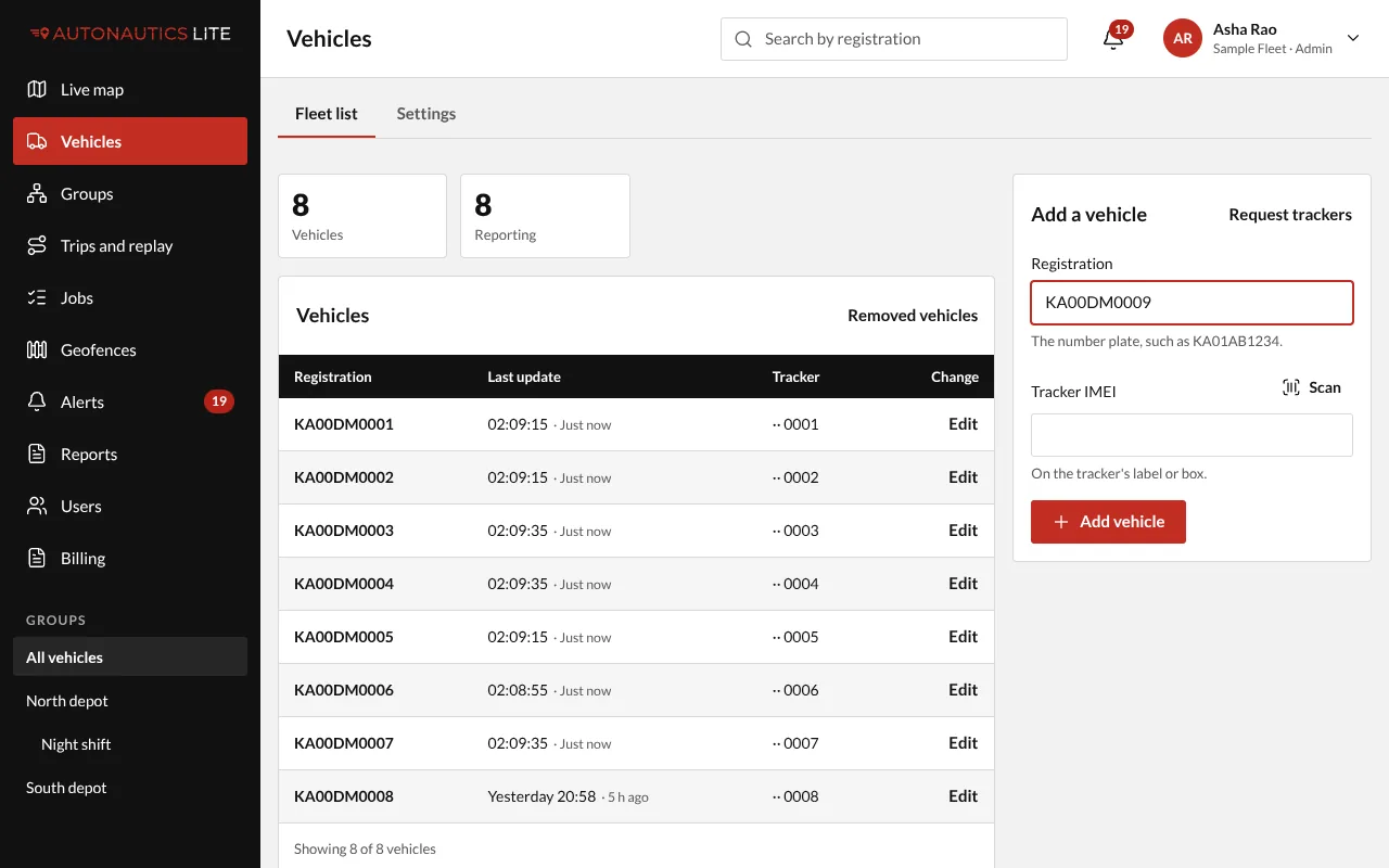 The Vehicles screen: the Add a vehicle form, with the Registration typed and Scan beside the Tracker IMEI field
