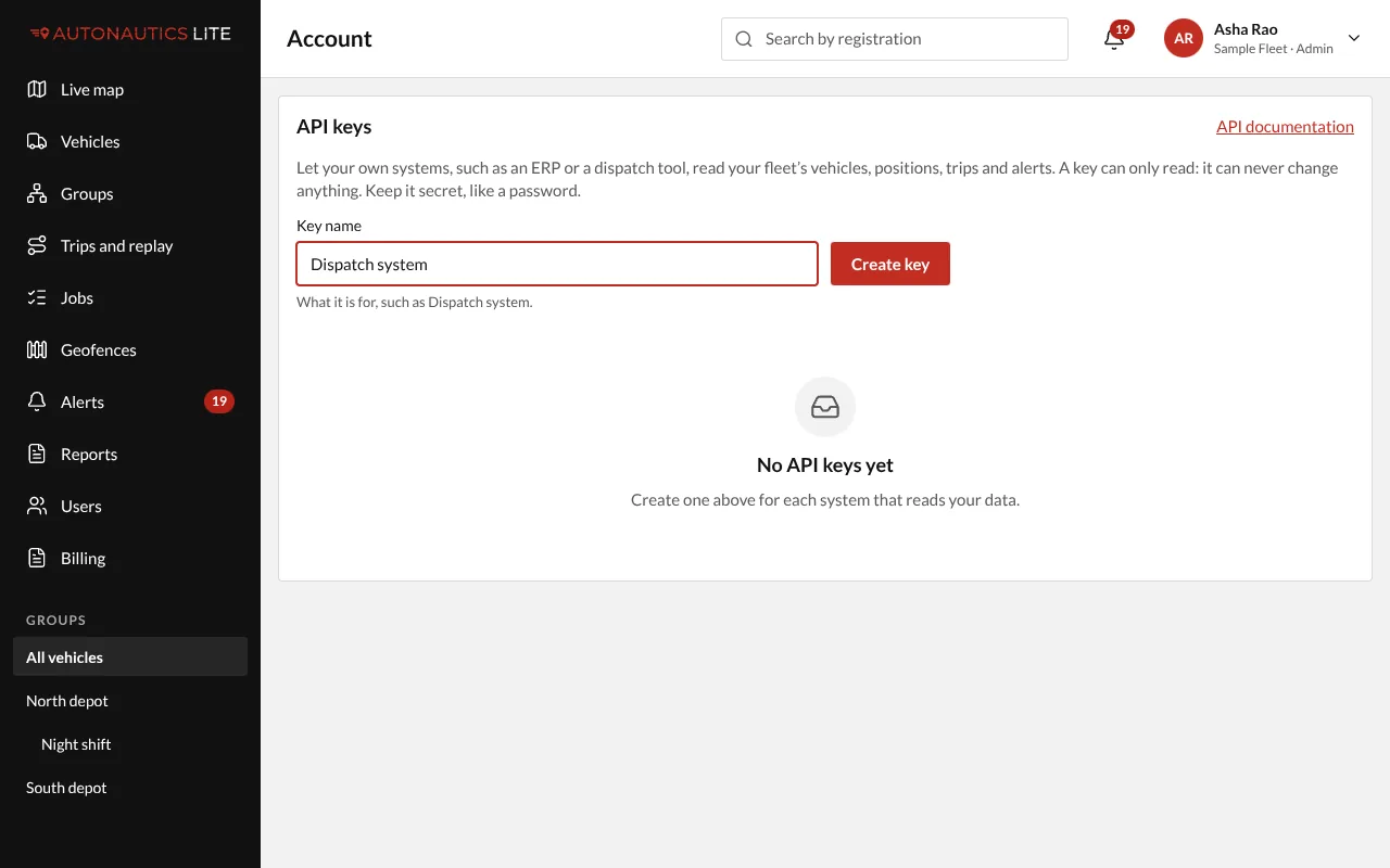 The API keys card on Account, with a key name typed and Create key