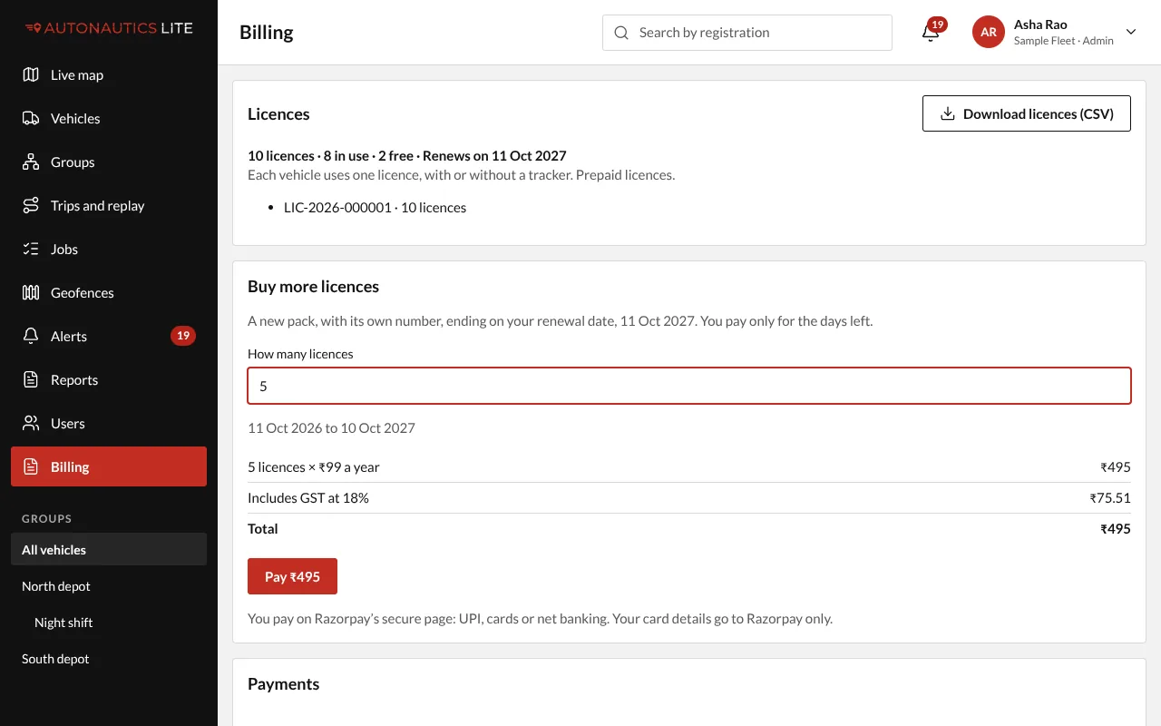 Billing: Buy more licences, with the amount for 5 licences, the GST and Pay