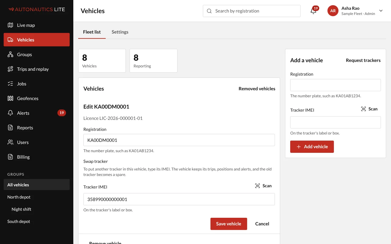 The vehicle editor: the Registration, and Swap tracker with the Tracker IMEI