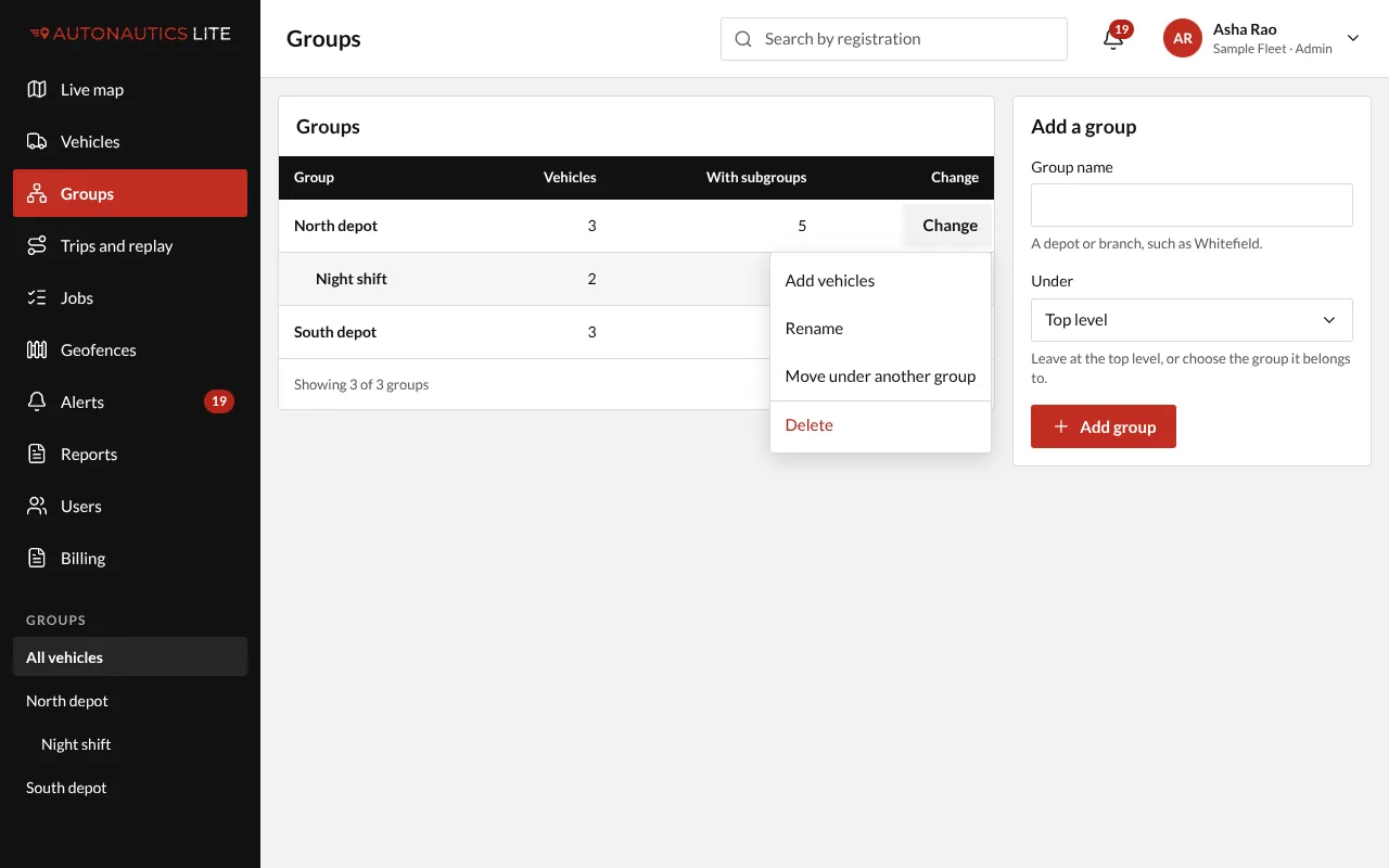 The Groups screen: North depot with Night shift under it, and North depot's Change menu: Add vehicles, Rename, Move under another group, Delete