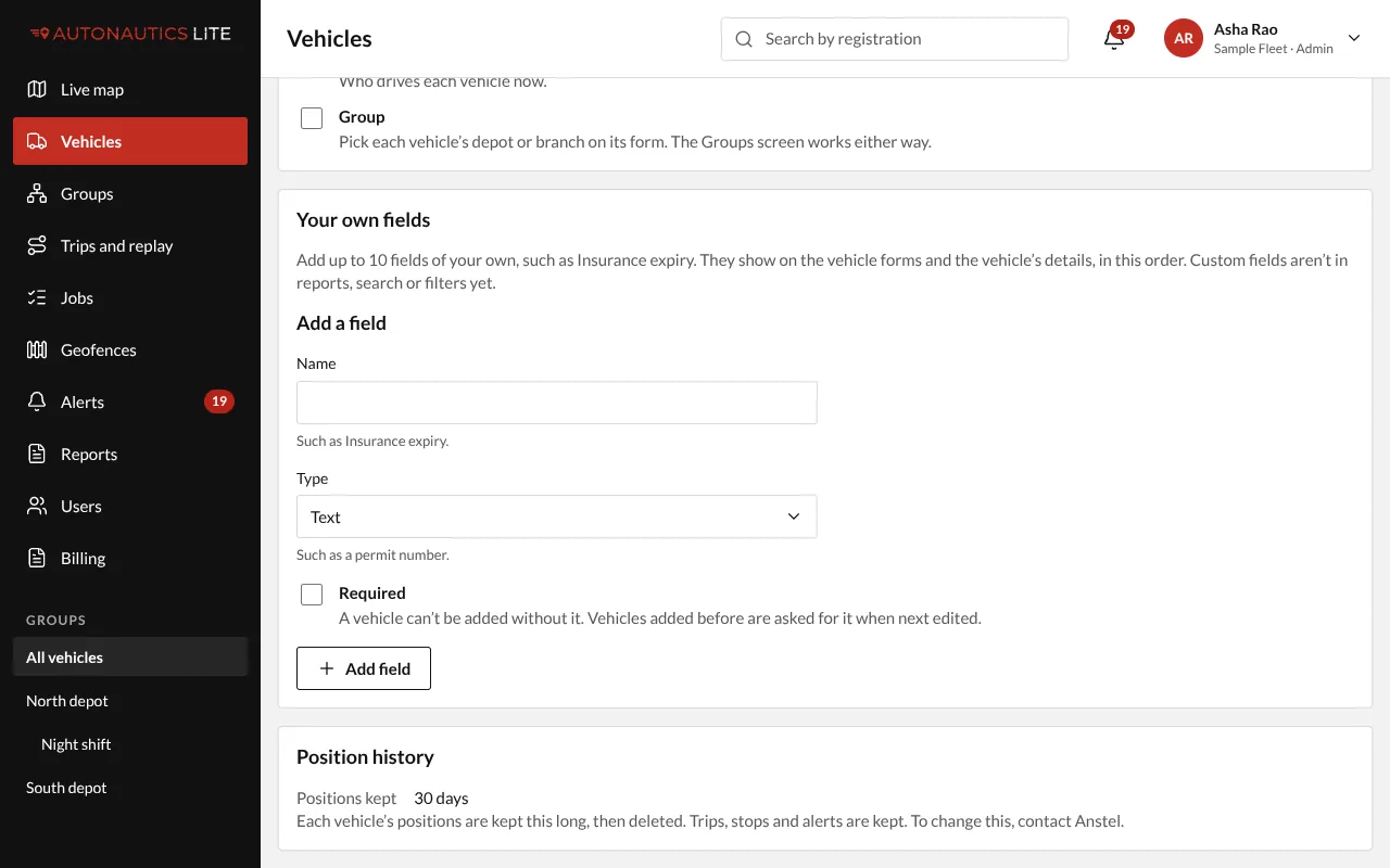 The Position history card on the Vehicles Settings tab, read-only: positions kept for 30 days