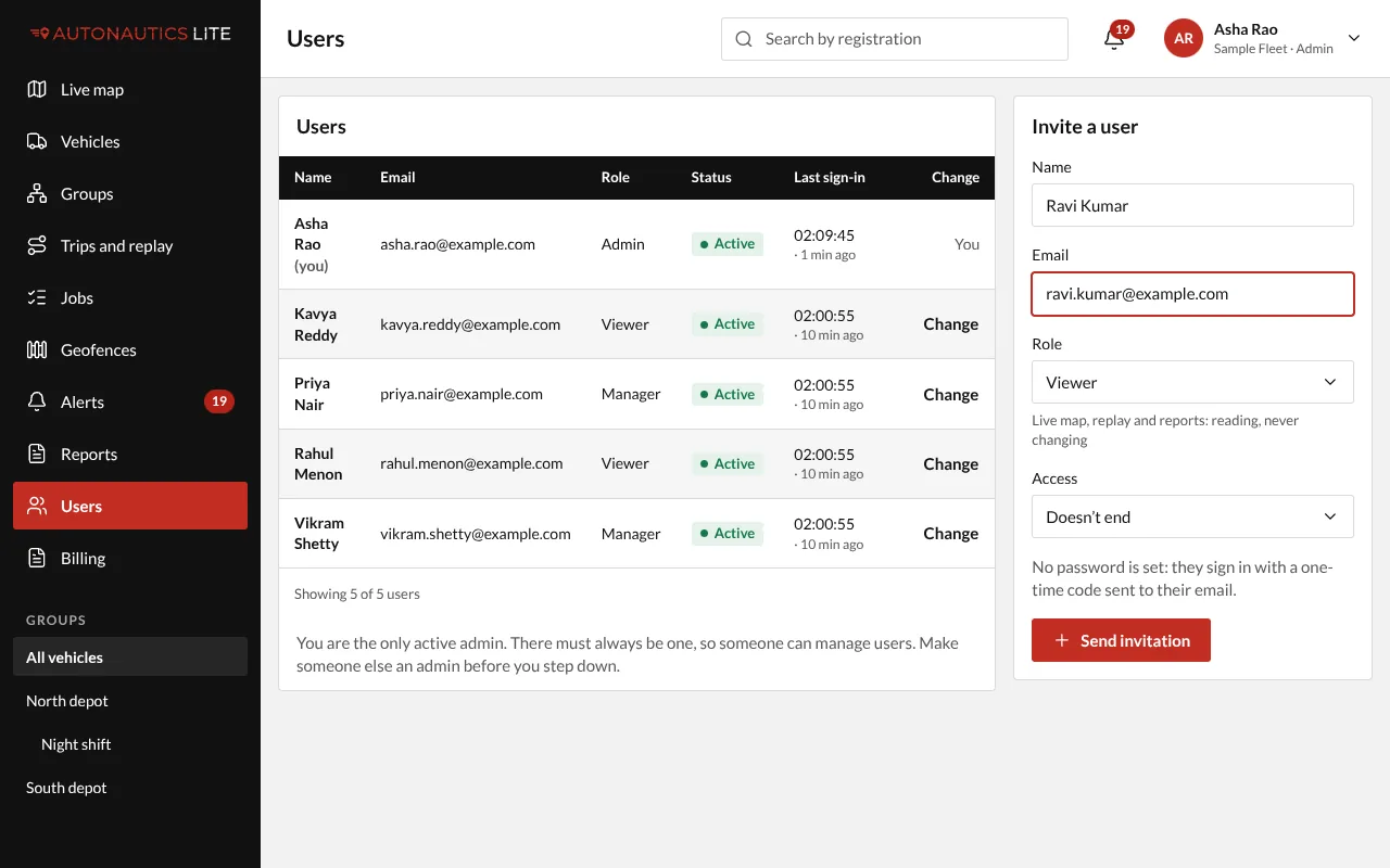 The Invite a user form on the Users screen, with a name, an email and the Viewer role