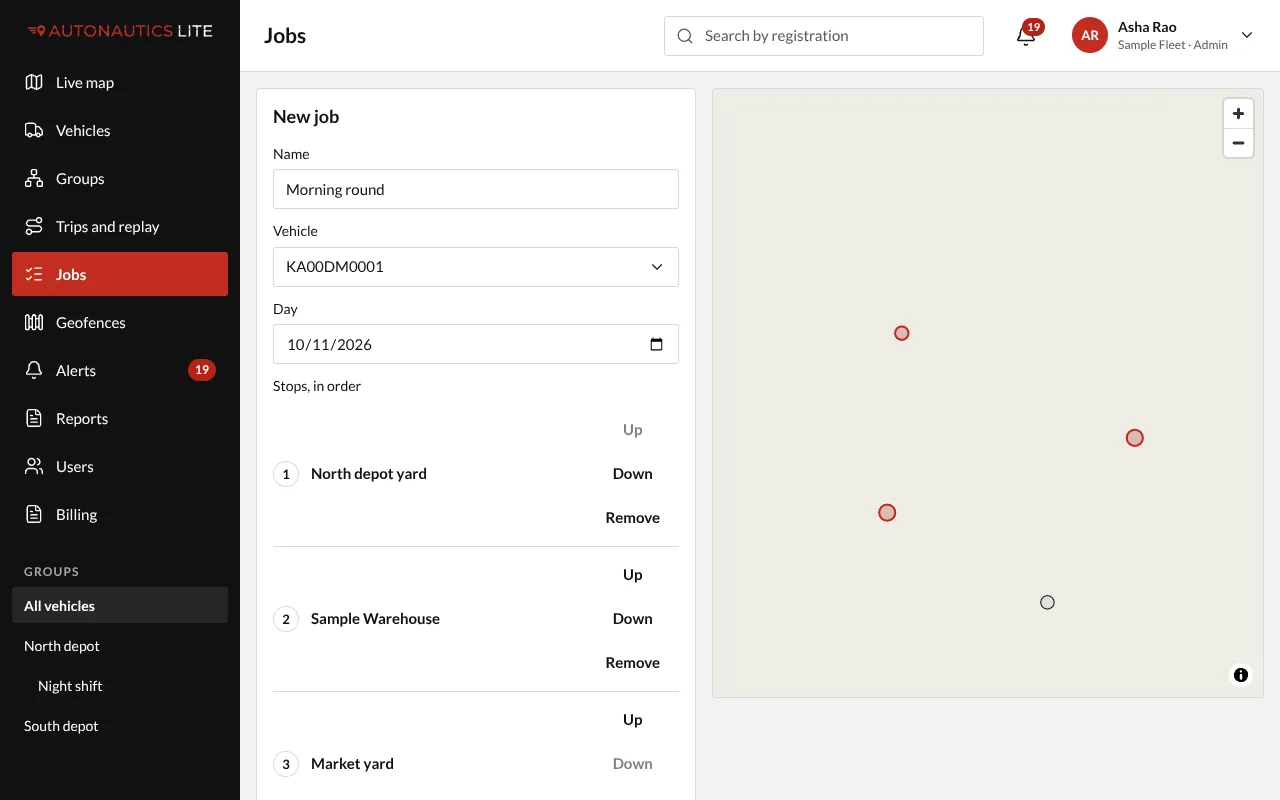 The New job form: name, vehicle, day and stops in order, beside the map