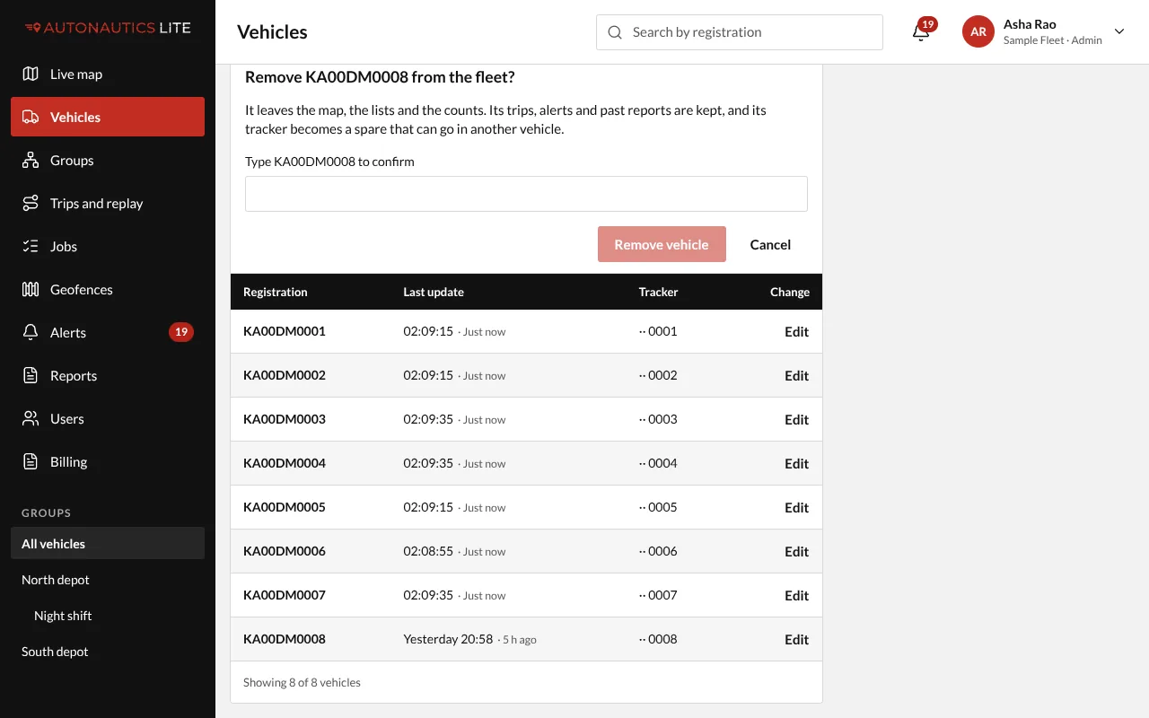 The editor asking "Remove KA00DM0008 from the fleet?", with the registration to type