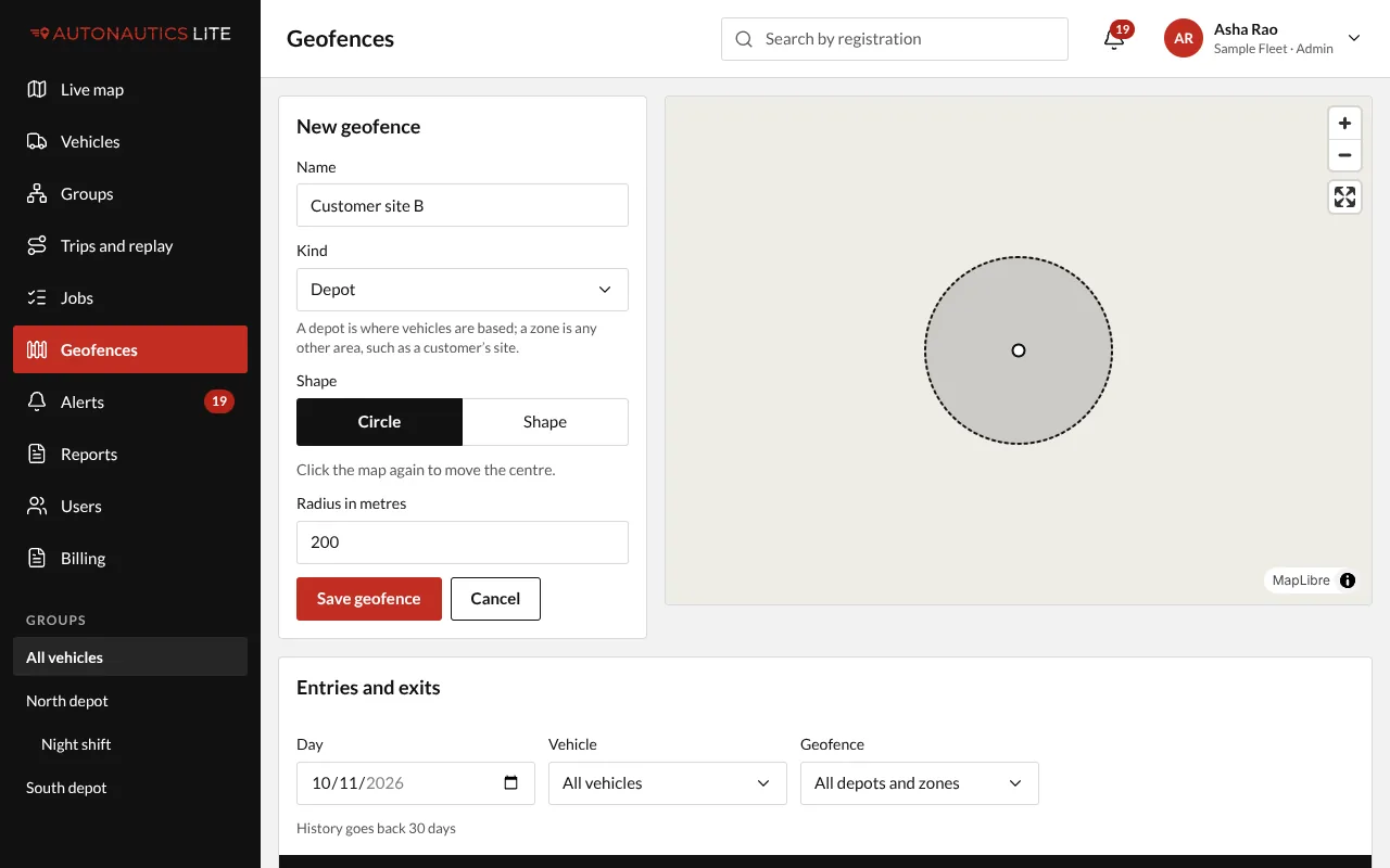 The New geofence form: a name, Depot, Circle and the radius, with the circle drawn on the map
