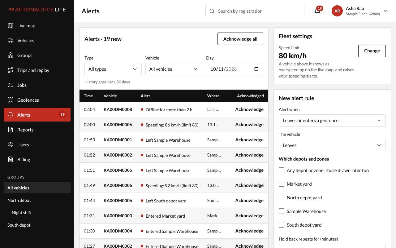 The New alert rule form: Alert when, the geofences, and who gets it