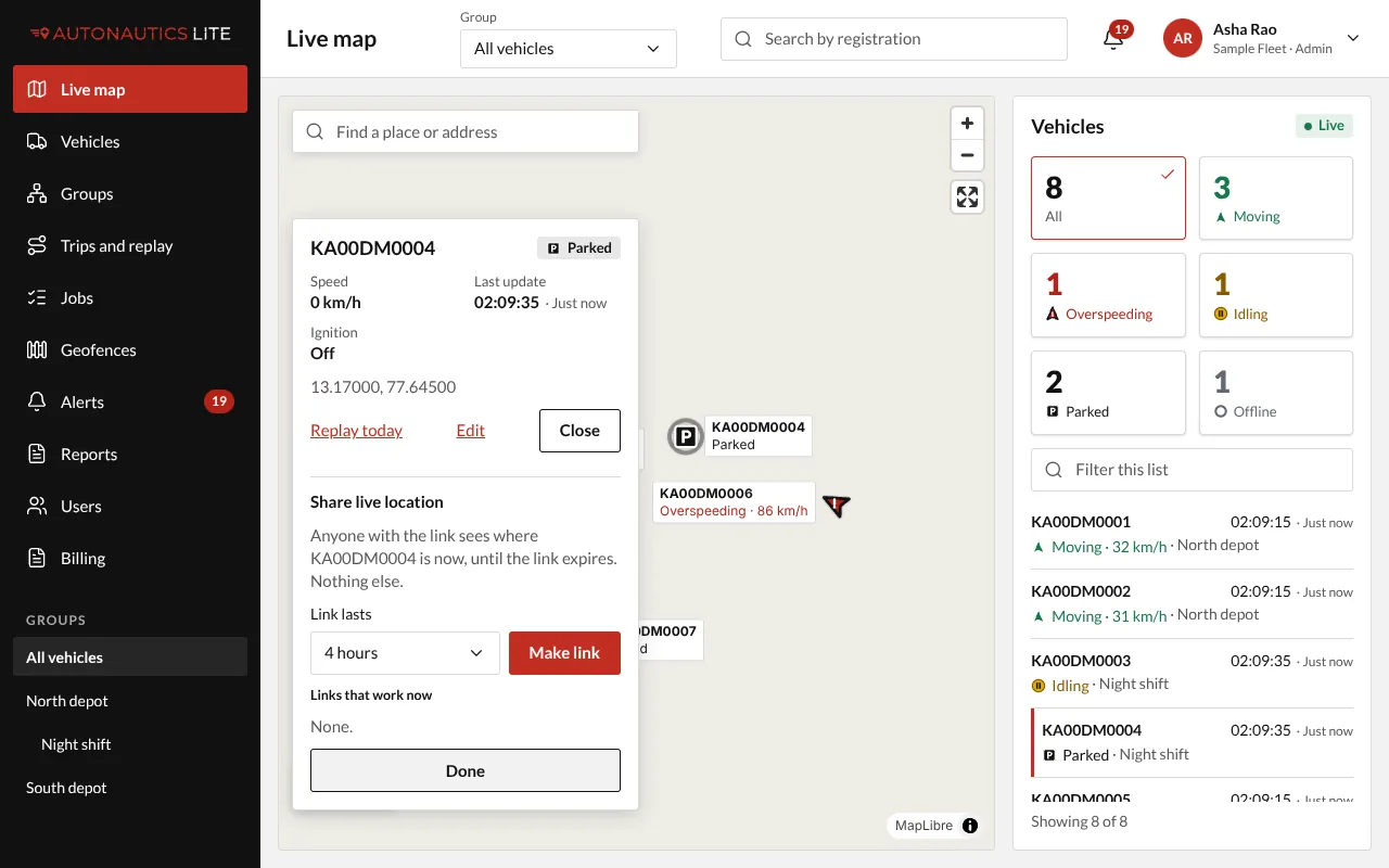 A vehicle's card on the live map, with Share live location: how long the link lasts, and Make link
