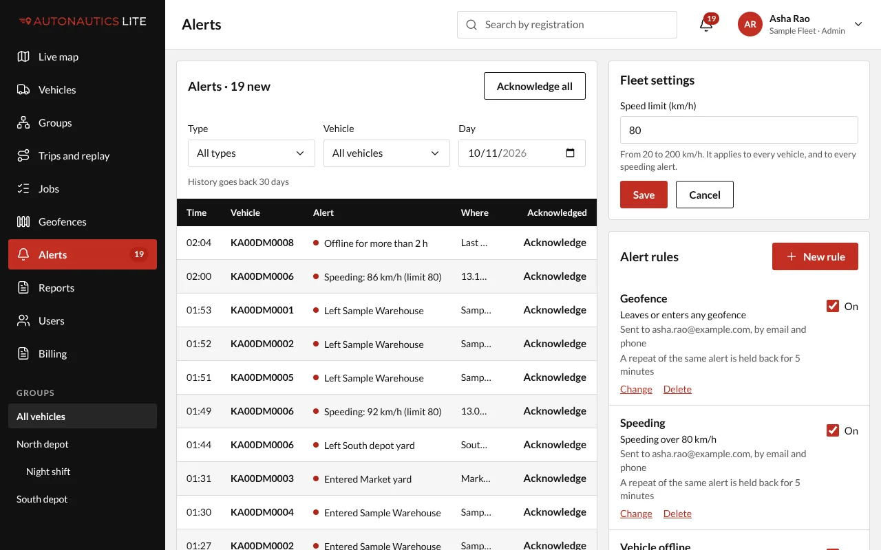 The Fleet settings card on the Alerts screen, with the speed limit and Save