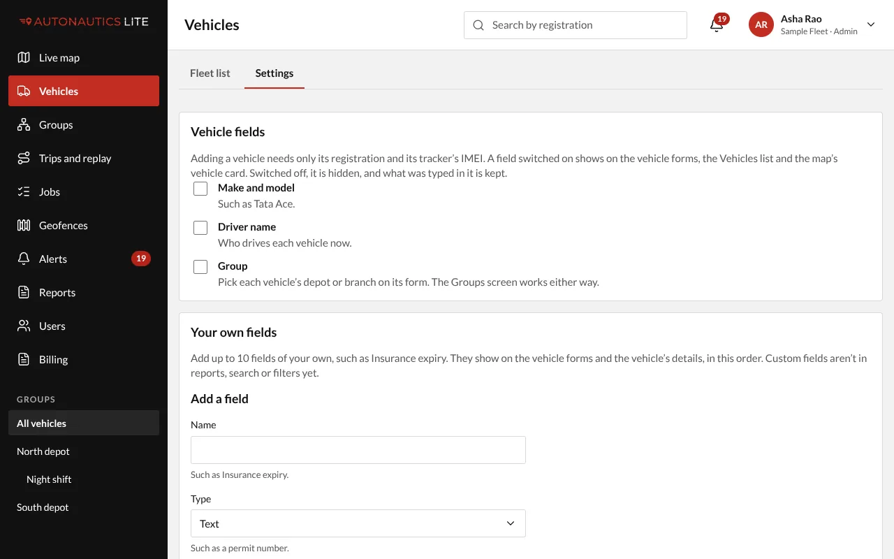 The Vehicle fields card on the Vehicles Settings tab, and Your own fields