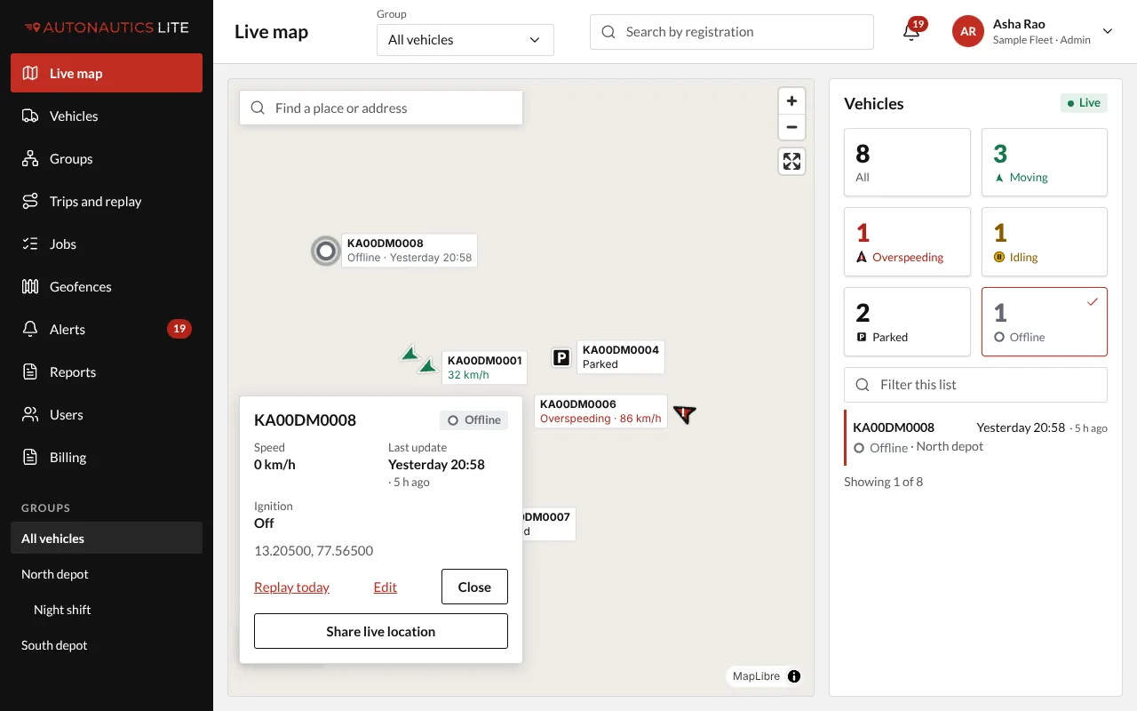 The live map with the Offline tile pressed: the list shows only the Offline vehicle, and its card with its last update